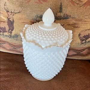 Elegant White Hobnail Milk Glass Cookie Jar.